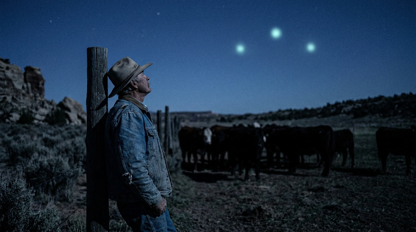 A lone rancher at a wooden fence at night looking up at three faint glowing orbs hovering over a moonlit pasture where cattle stand uneasily