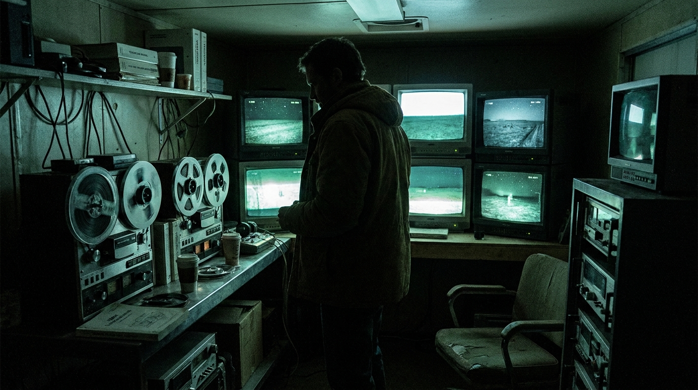 Interior of a cramped 1990s surveillance trailer at night, a wall of CRT monitors showing grainy night-vision feeds of a dark empty field, a researcher's silhouette watching