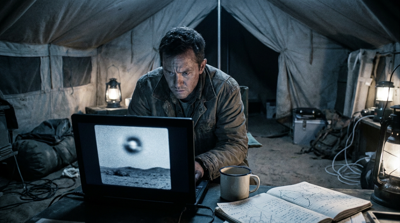 A lone data analyst reviewing anomalous footage on a laptop late at night in a dark field-research tent, screen showing a grainy freeze-frame of a light in the sky, sceptical expression