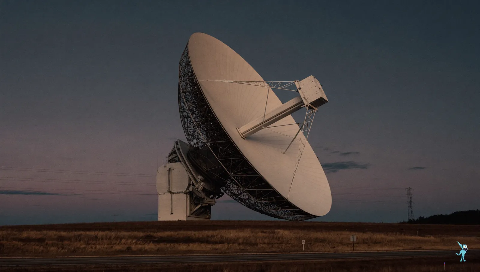 A large steerable radio telescope dish tilted low towards the horizon against a deep dusk sky