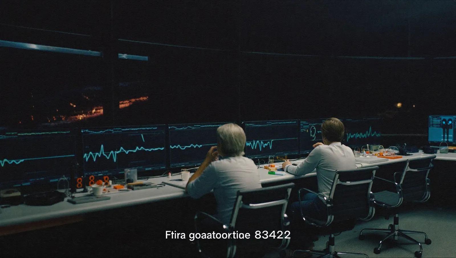 Two astronomers seen from behind at a bank of monitors in a dimly lit observatory control room at night