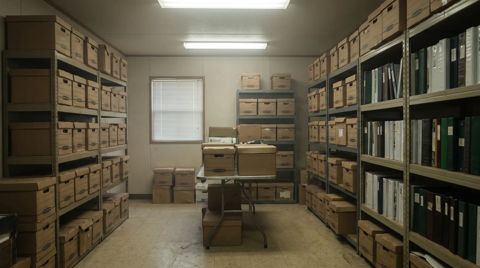 The interior of a portable classroom converted into an archive, with metal shelving crammed full of cardboard banker's boxes and ring binders
