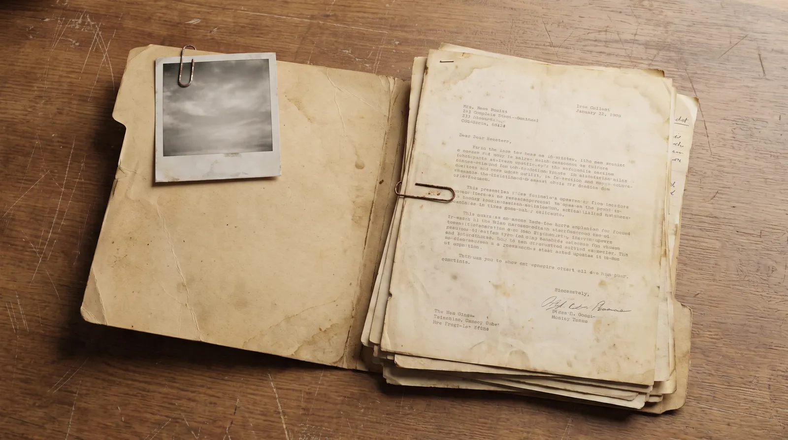 An old manila case file open on a wooden table showing yellowed typewritten pages and a small black and white photograph clipped inside the cover