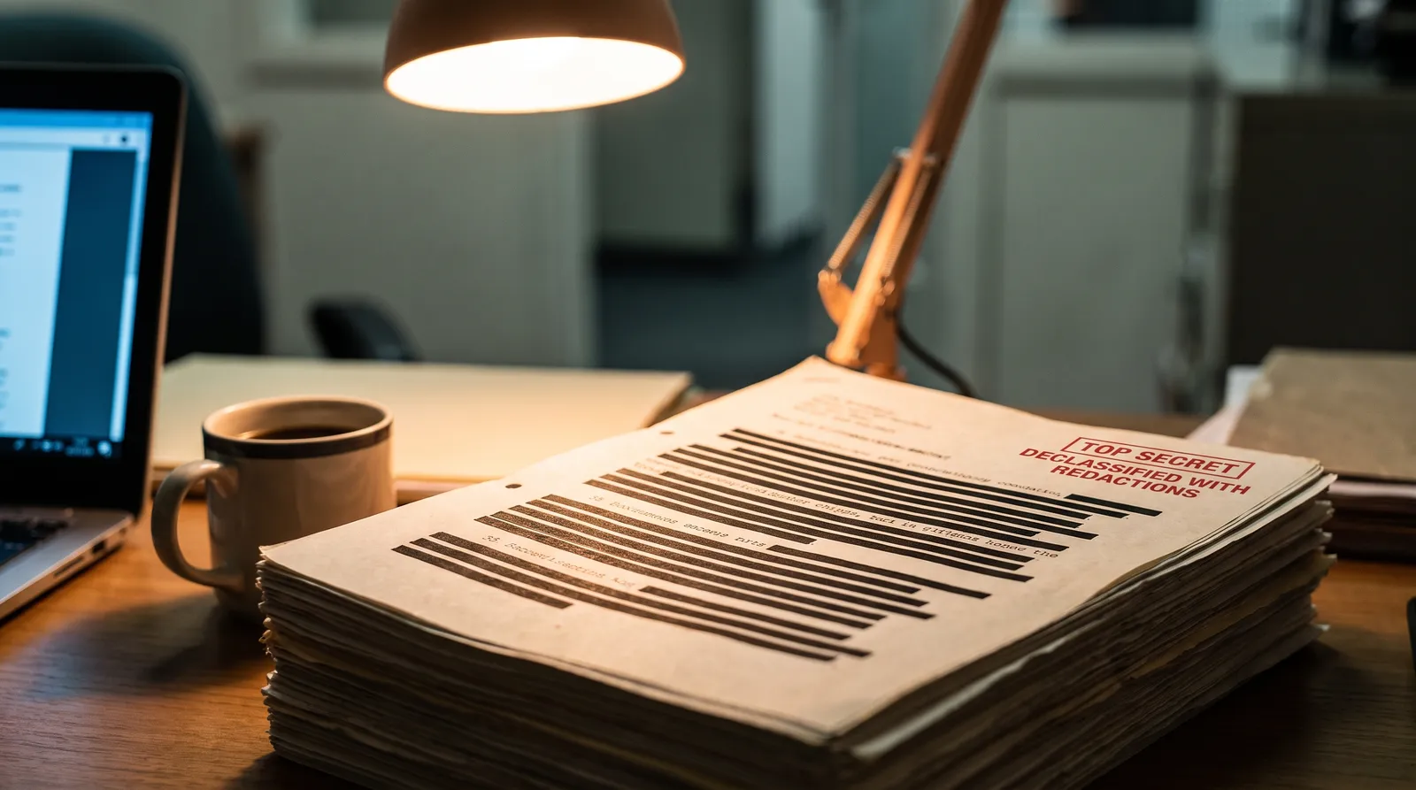 A thick stack of printed government documents with heavy black redaction bars on a desk under a warm lamp at night