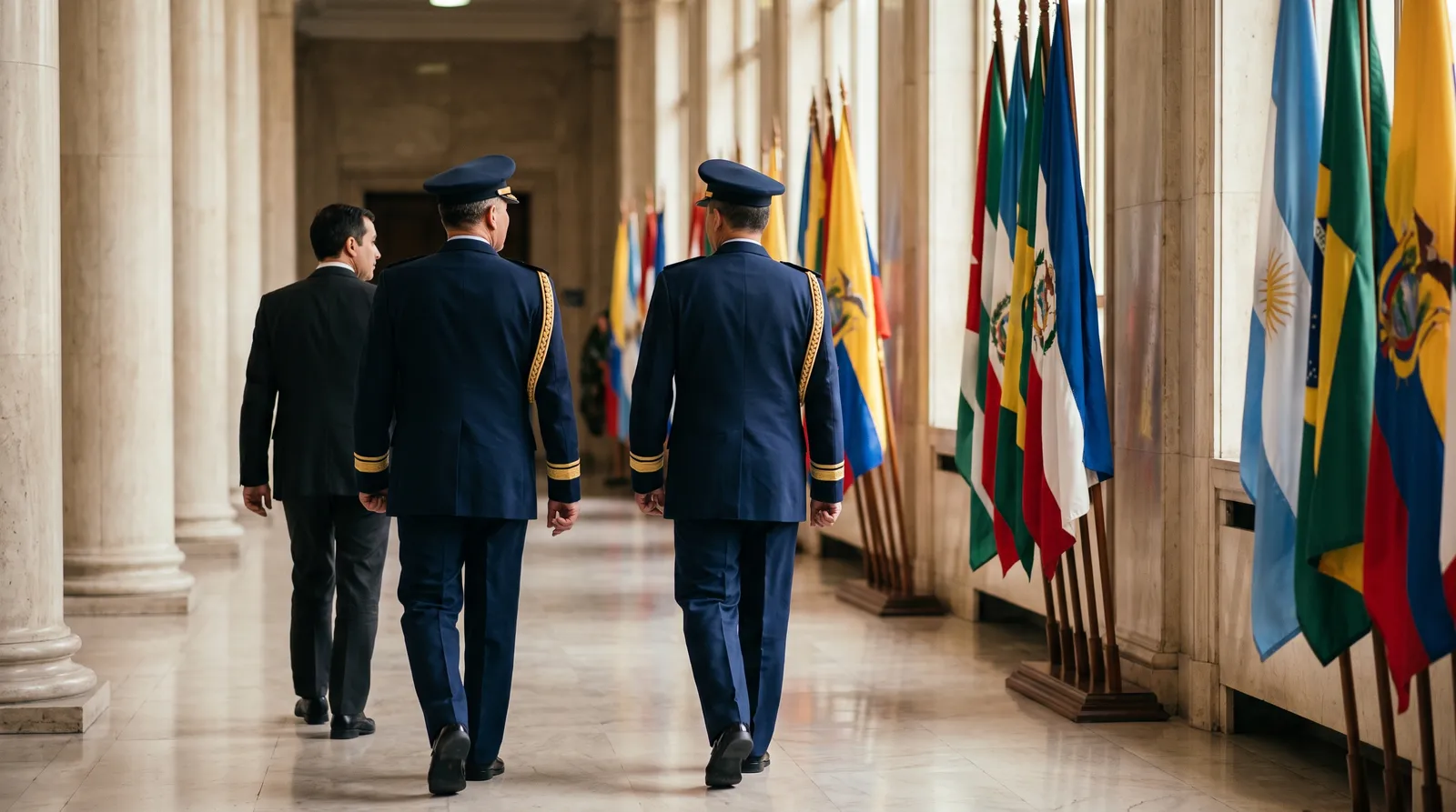 Two uniformed air force officers in dress uniform walking away down a wide polished corridor of a government defence building, flanked by flags and a civilian escort