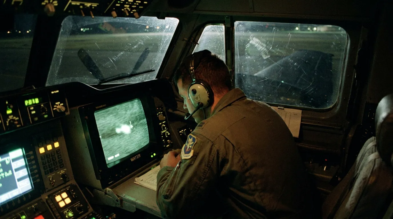 A camera operator inside a surveillance aircraft at night watching an infrared monitor showing a small heat signature over water