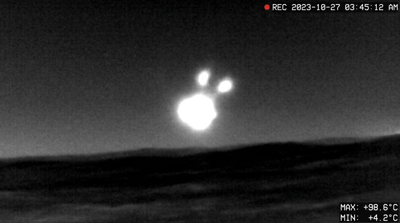 Infrared footage of a single warm object splitting into two glowing blobs just above a dark ocean surface at night