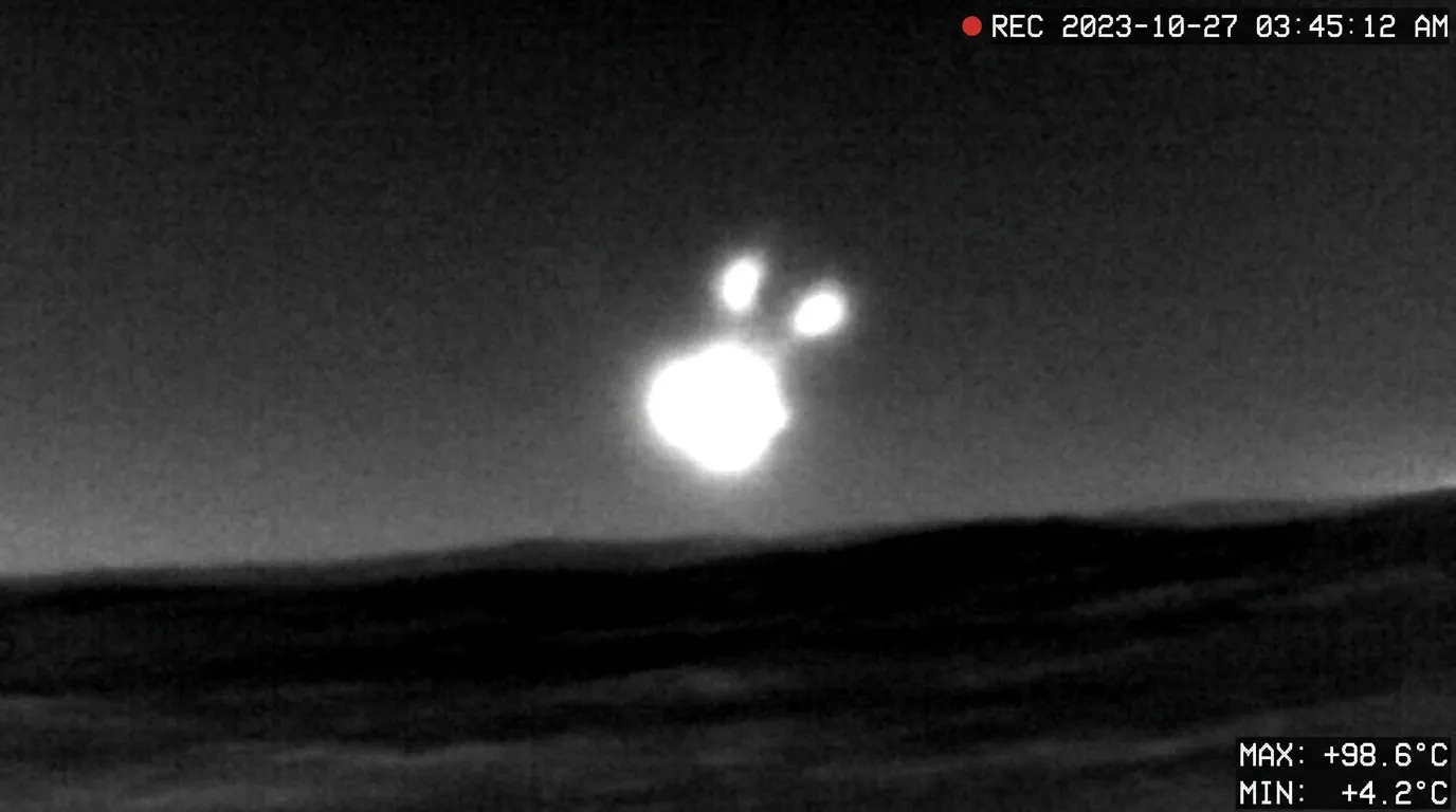 Infrared footage of a single warm object splitting into two glowing blobs just above a dark ocean surface at night