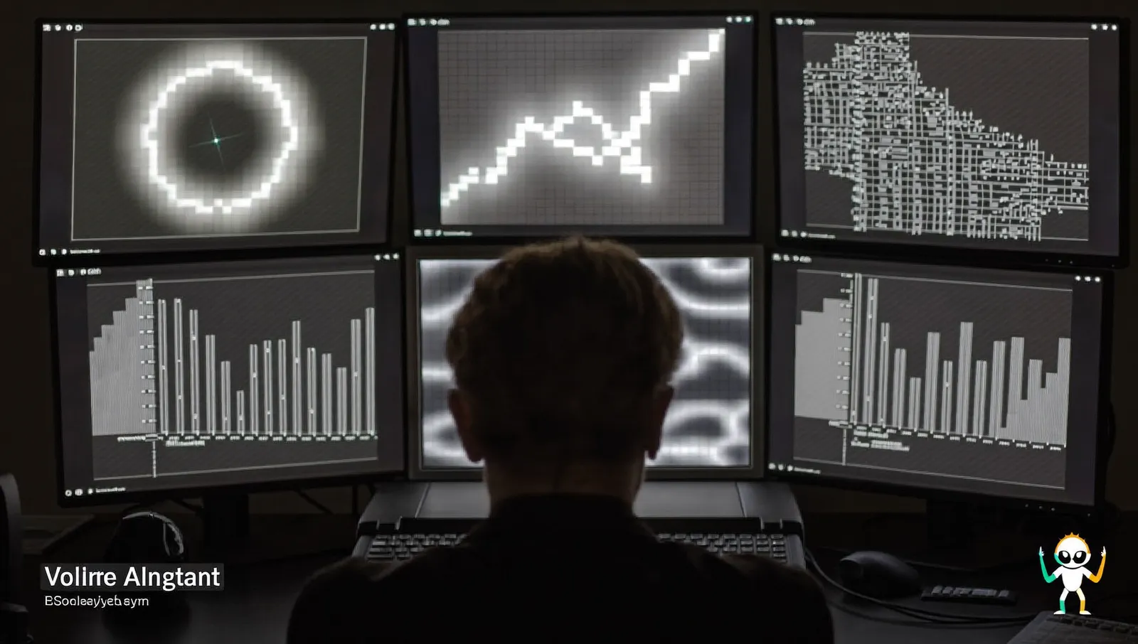 A darkened video-analysis workstation with several monitors showing blurred greyscale infrared frames and abstract geometric plot lines