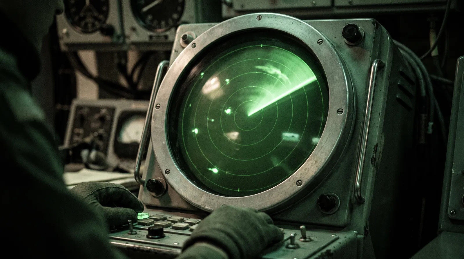 A vintage circular radar scope glowing green in a darkened room, a rotating sweep line leaving a fading trail across scattered bright blips