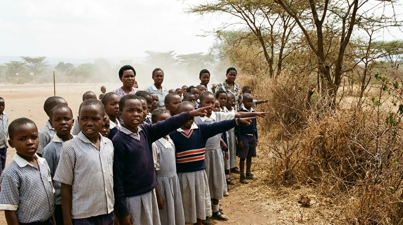 A crowd of African schoolchildren in 1990s uniforms at the edge of a playground, alarmed and pointing toward dry bush