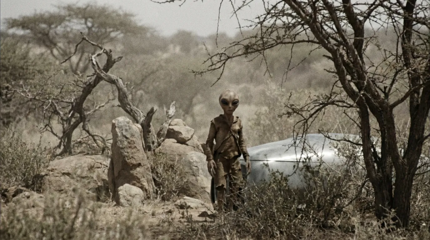A small slender figure with a large head and big black almond eyes standing among rocks and dry trees near a silver craft