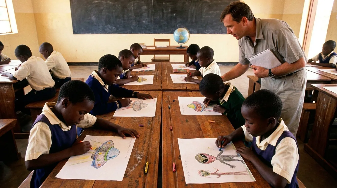 African schoolchildren at desks drawing crayon pictures of a craft and a big-eyed being while an adult investigator watches