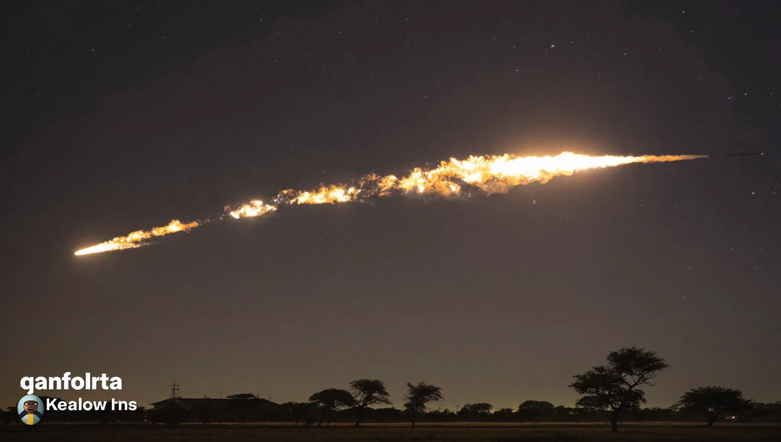 A slow fireball breaking into glowing fragments across a dark southern African night sky above silhouetted acacia trees