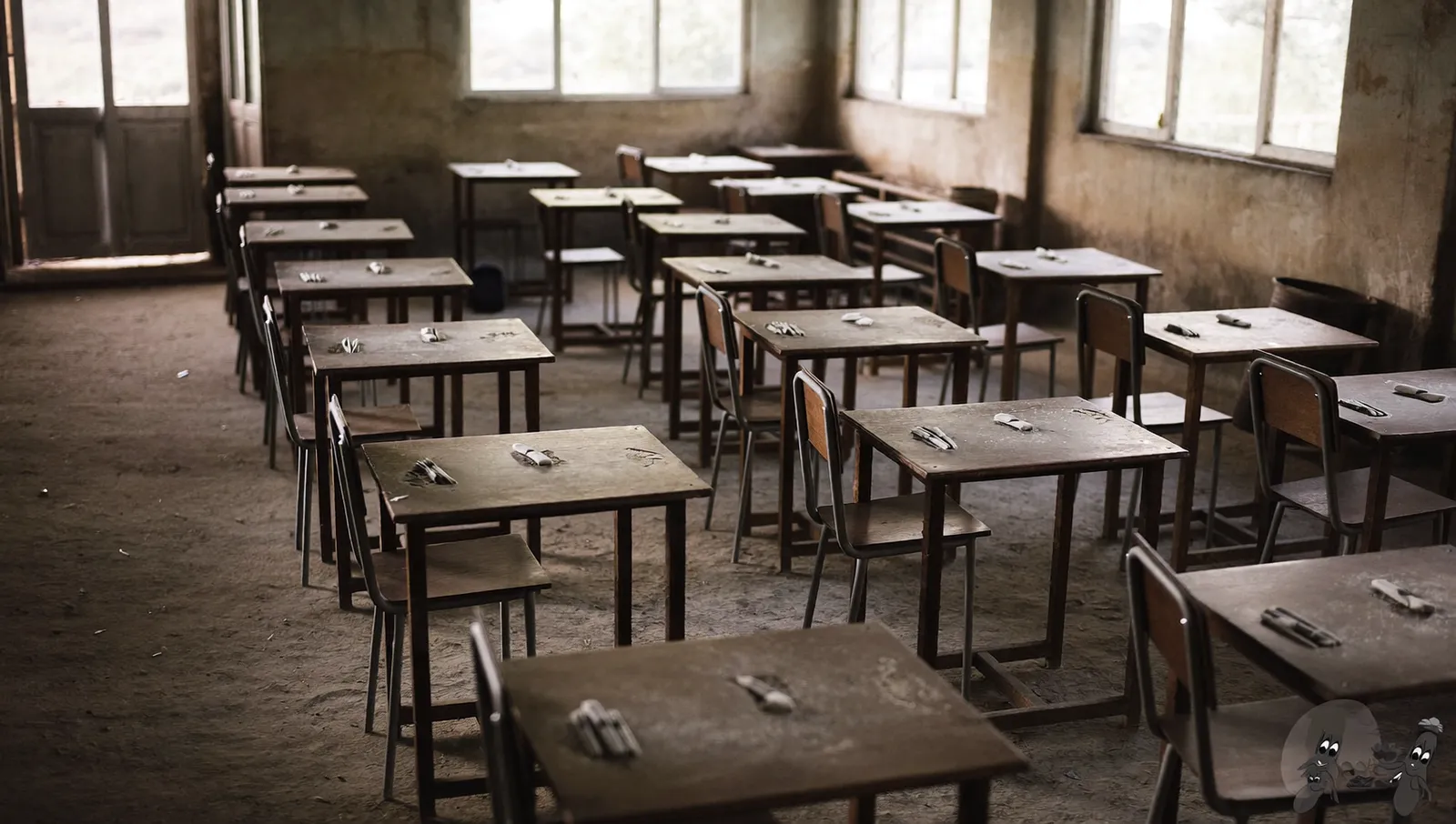 An empty rural Zimbabwean primary school classroom in late afternoon with worn wooden desks and sunlight through louvred windows