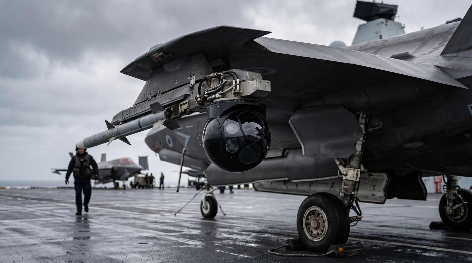 Close view of a gimballed targeting pod with a spherical glass sensor head mounted under the wing of a grey naval fighter jet