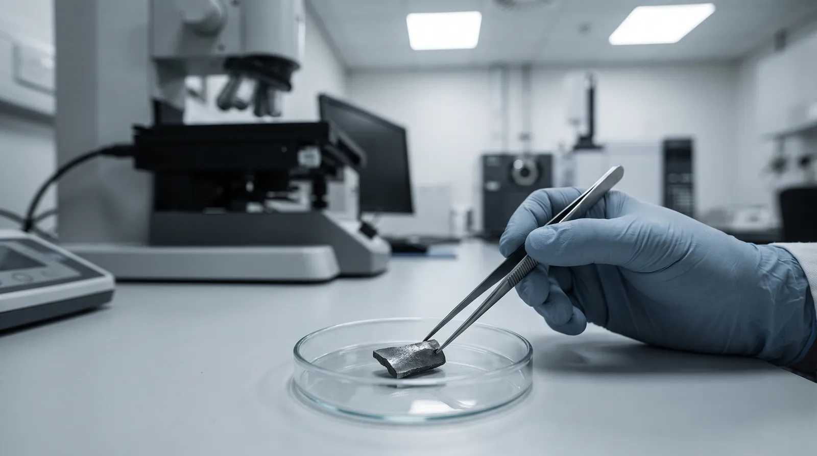 A gloved hand holding fine tweezers above a small irregular metal fragment in a glass sample dish on a laboratory bench, analytical instruments out of focus behind