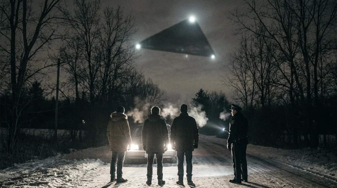People and a police officer on a snowy rural road at night looking up at a huge triangular craft with three corner lights