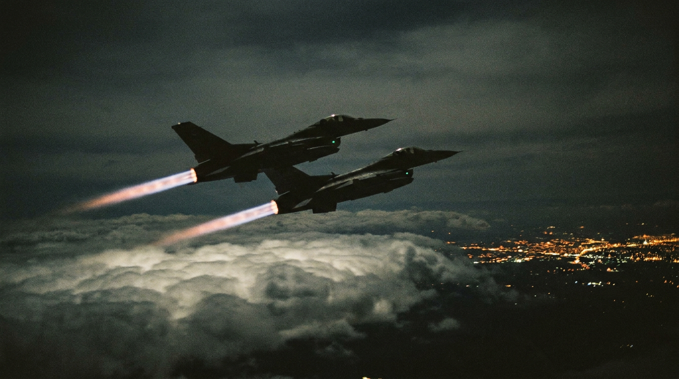 Two F-16 fighter jets banking through the night sky toward distant lights