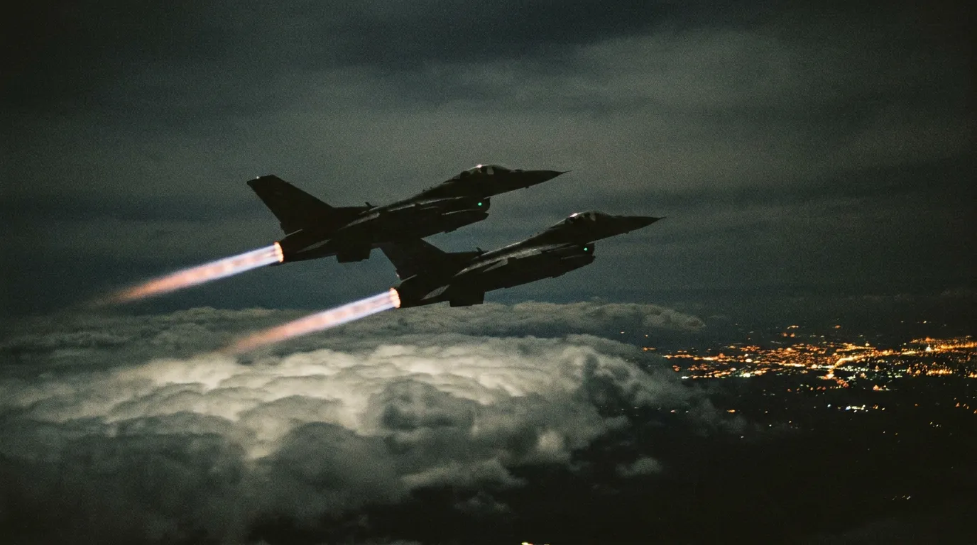 Two F-16 fighter jets banking through the night sky toward distant lights