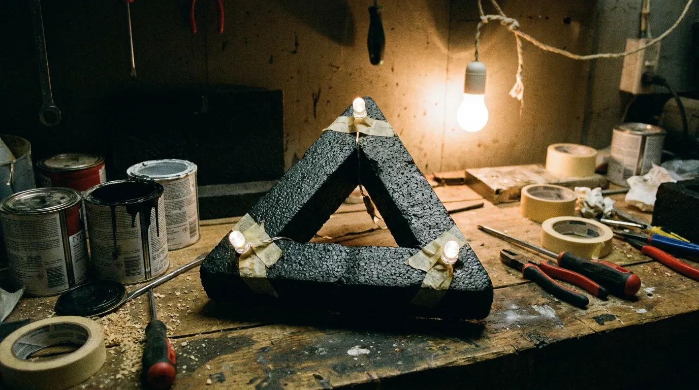 A crude triangular styrofoam model painted black on a cluttered workbench with small lights at its corners