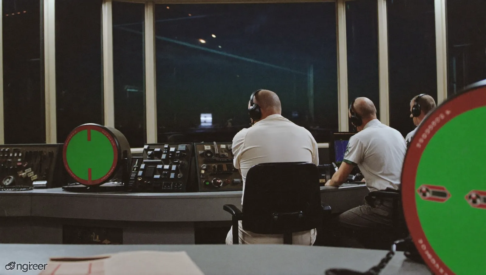 Interior of a 1990 military air-defence radar control room at night with operators seated at circular green CRT scopes