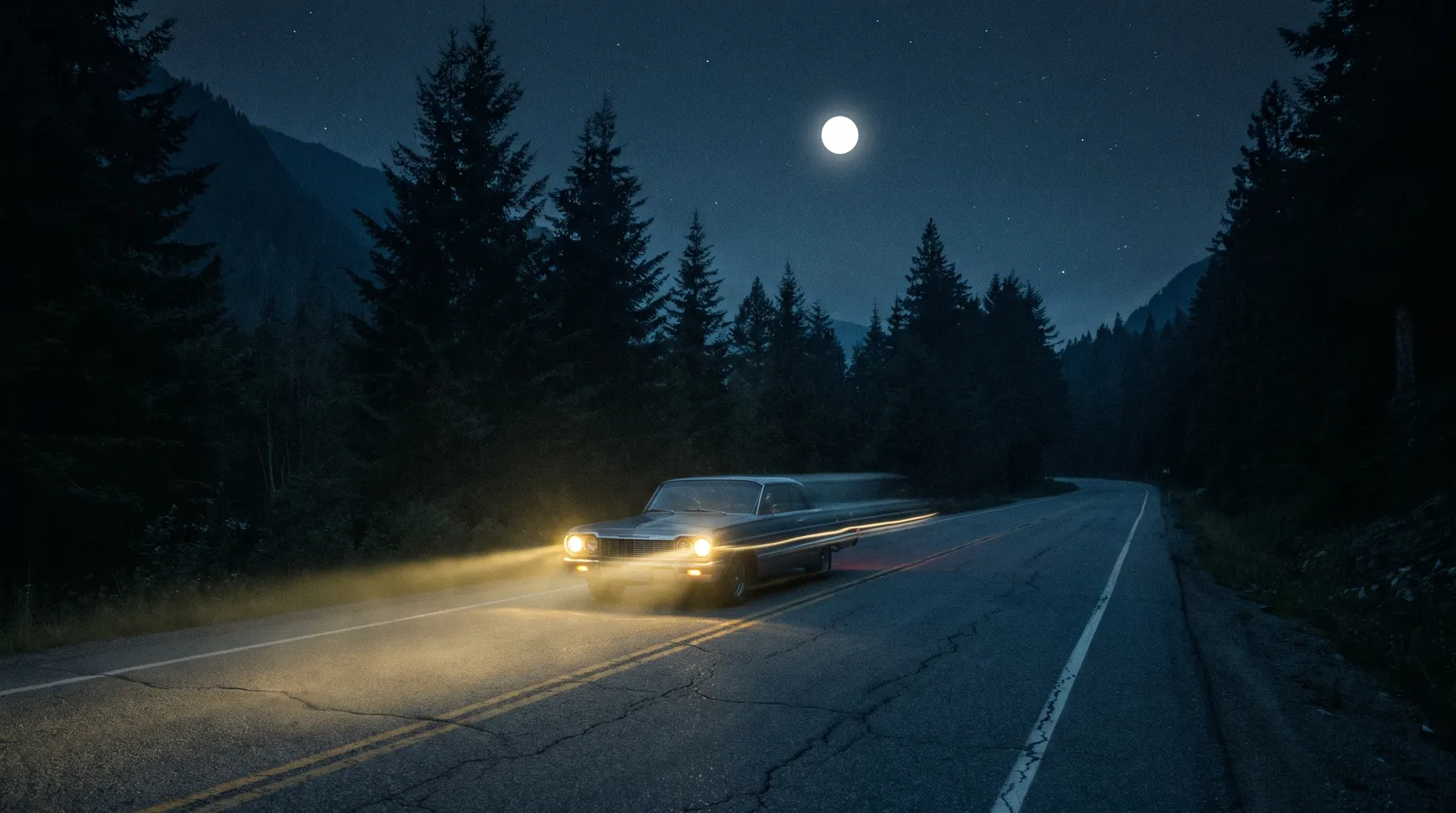 A 1960s sedan on a dark empty two-lane road through wooded mountain country at night, headlights lit, a single bright light in the sky above the treeline