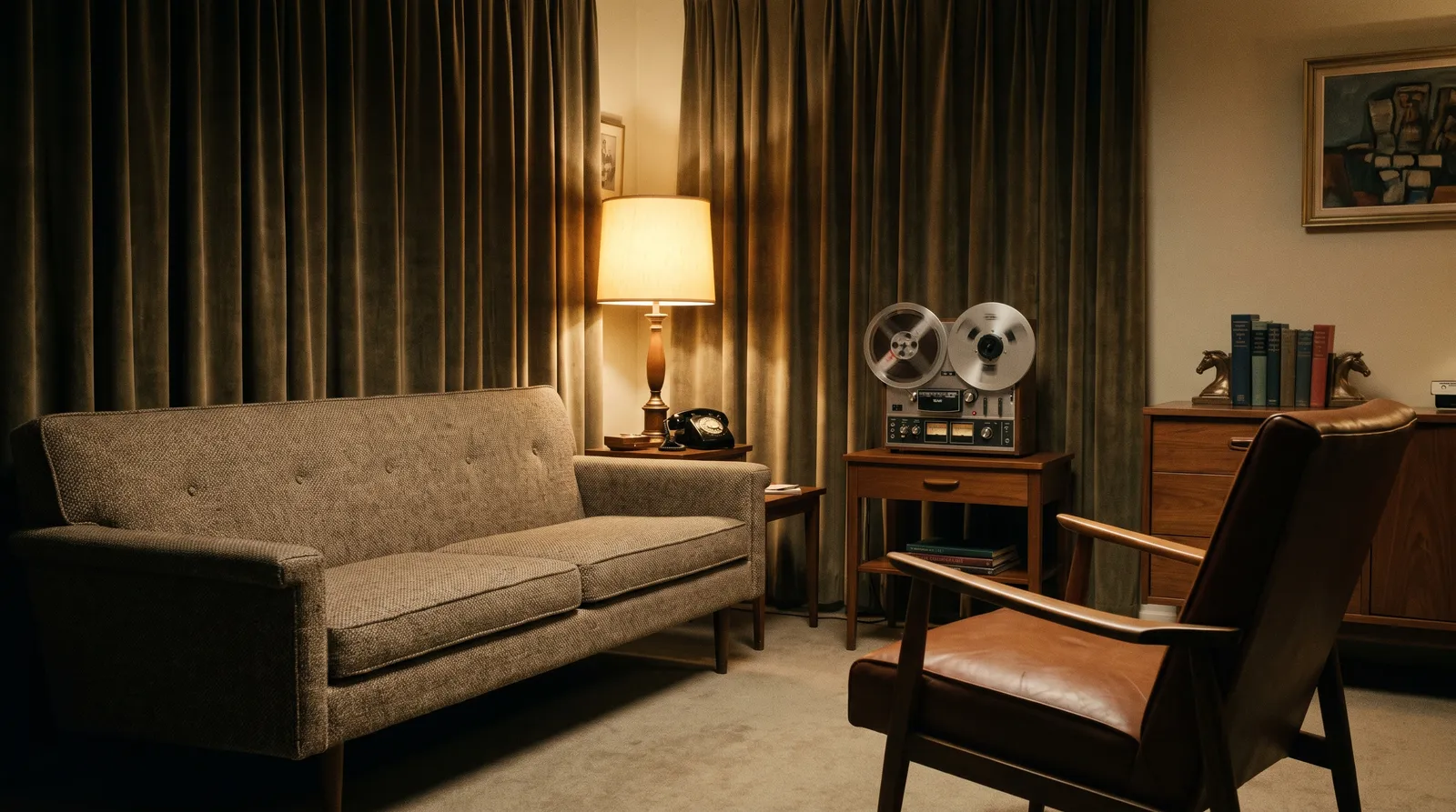 An early 1960s psychiatrist's consulting room with an empty couch, an armchair and a reel-to-reel tape recorder running on a side table