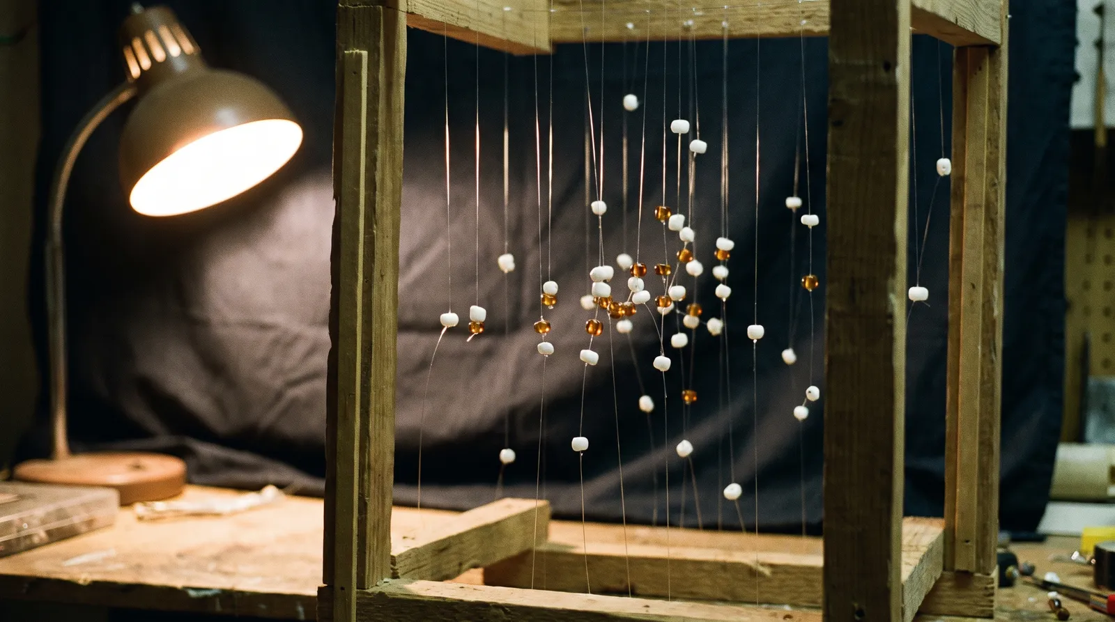 A handmade three-dimensional model of nearby stars built from beads threaded on fishing line and suspended at different depths in an open wooden frame