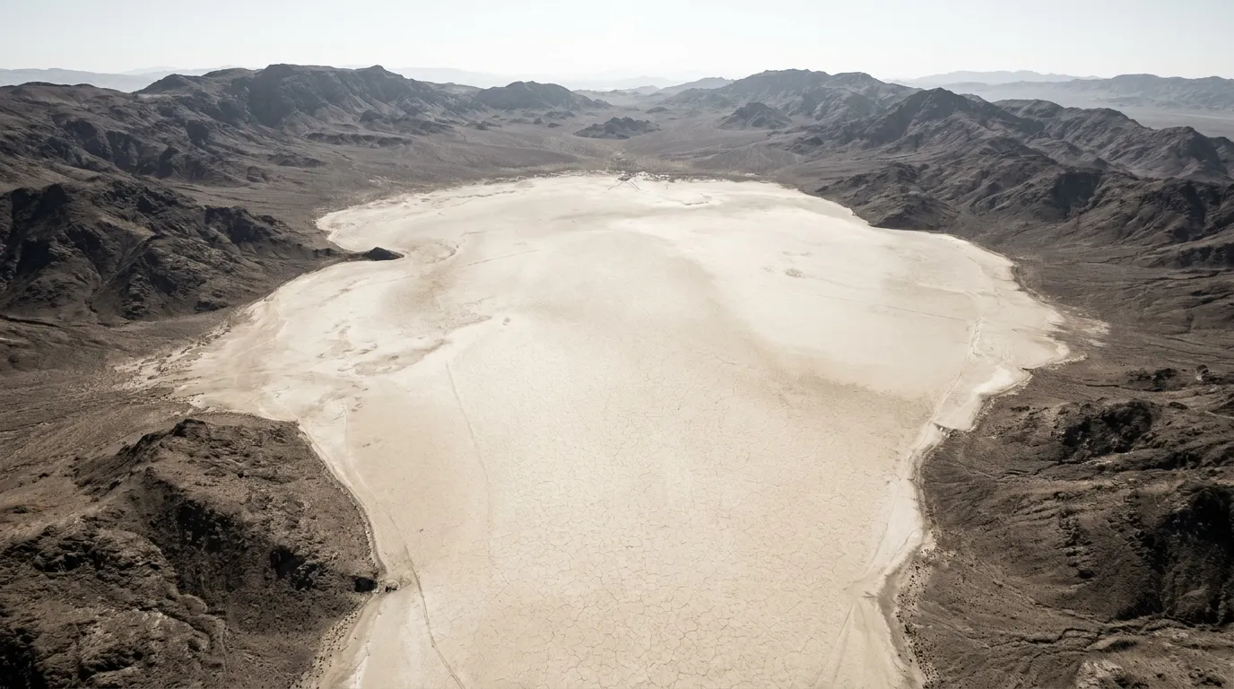 High-altitude aerial view of an empty dry lakebed in a remote desert basin with no structures anywhere