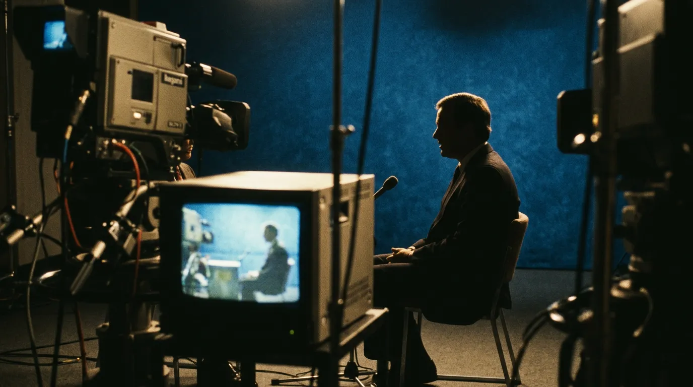 A man shown in dark silhouette during a late-1980s television studio interview
