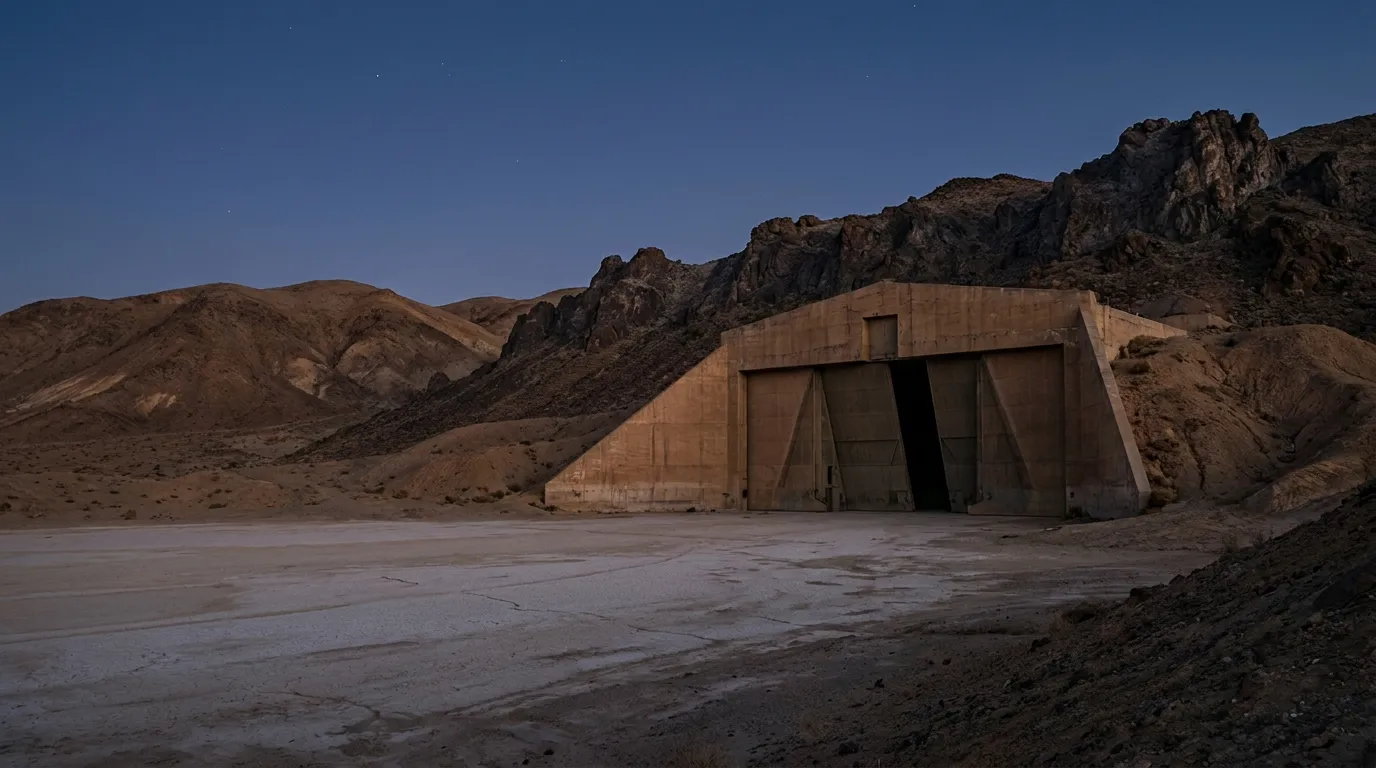 A desert hillside at dusk with large angled hangar doors built into the rock above a dry lakebed