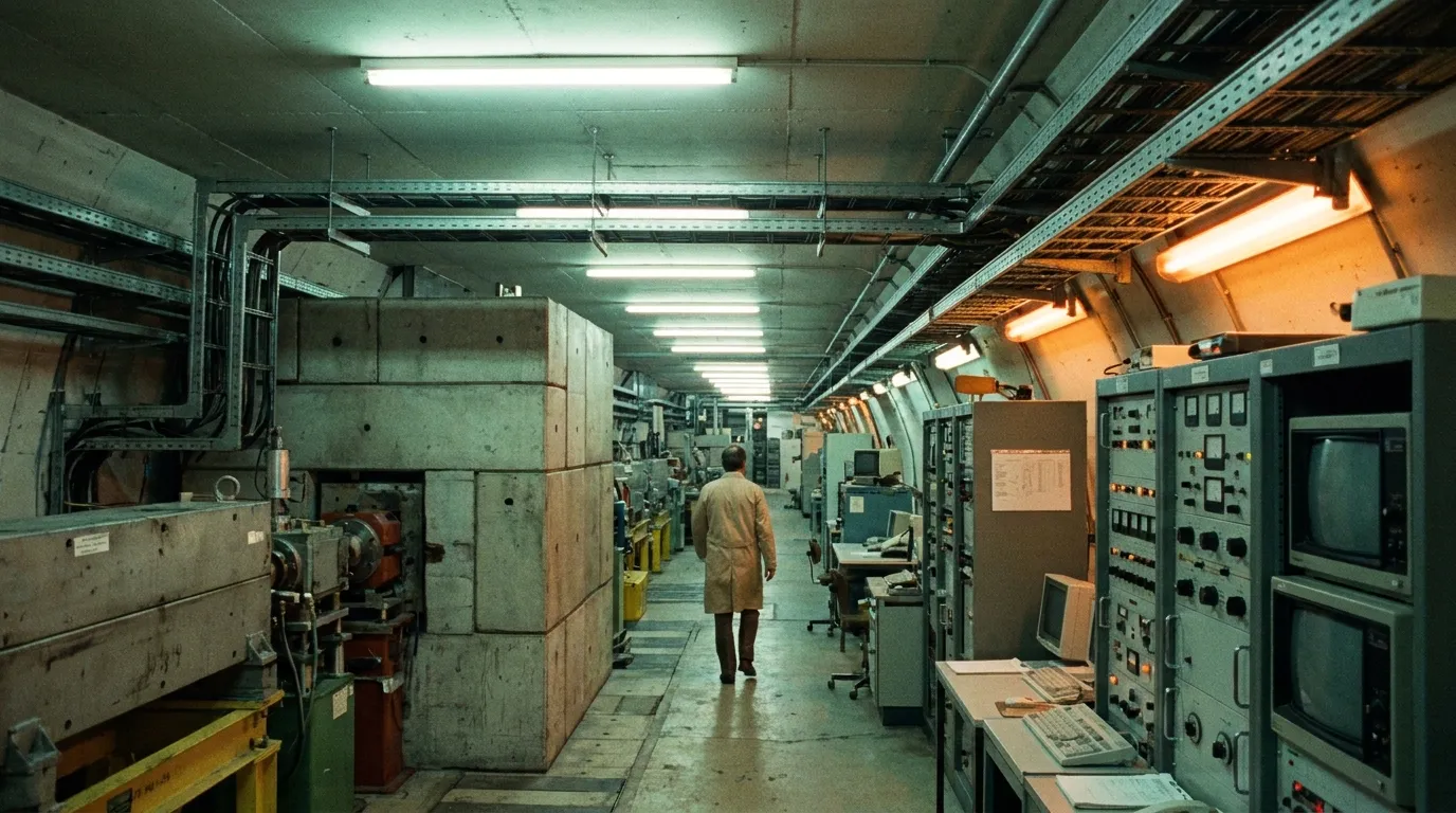 A long beamline hall inside a 1980s particle accelerator facility with heavy shielding and a distant technician
