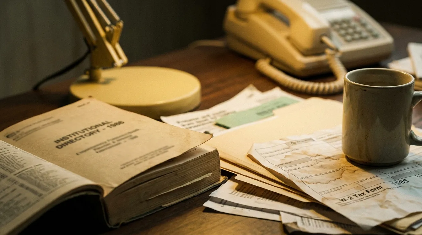 A cluttered 1980s desk under a lamp with an open institutional directory, folders and tax paperwork, none of it legible