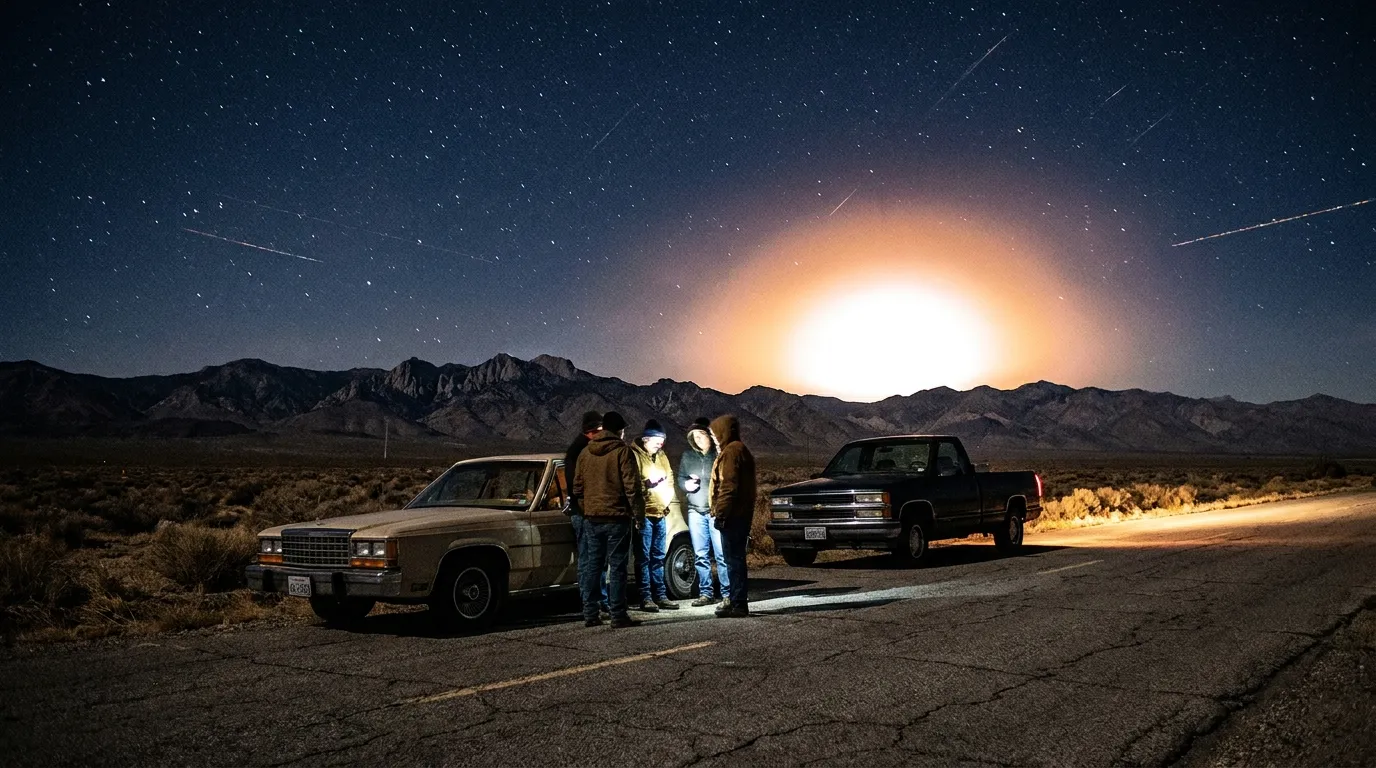A small group of people beside parked cars on a dark desert road watching a bright light above distant mountains