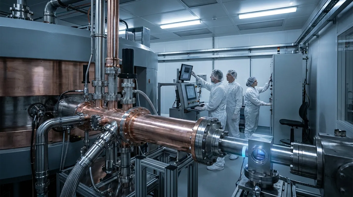 A modern heavy-ion accelerator laboratory with a gleaming beamline and scientists at instruments