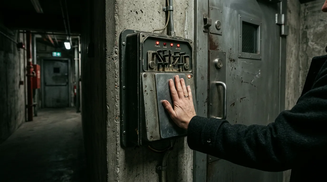 A retro hand-geometry scanner beside a heavy door in a dim concrete corridor with a hand on the reader plate