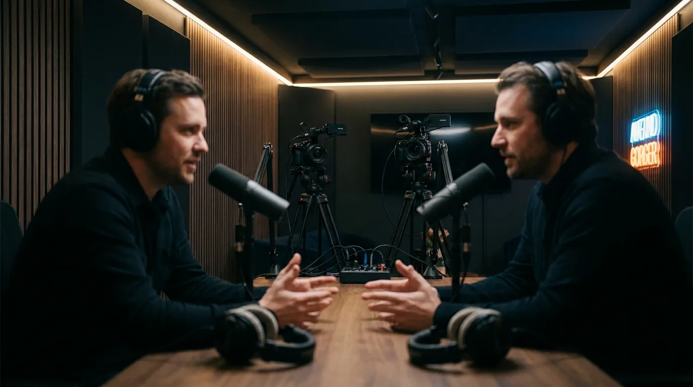 Two men in conversation at a table with broadcast microphones in a dark podcast studio