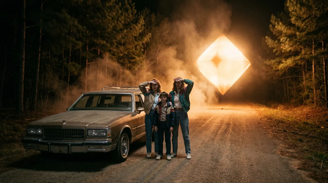 Two women and a young boy standing beside a 1980s car on a dark wooded Texas road shielding their faces from an intense glow