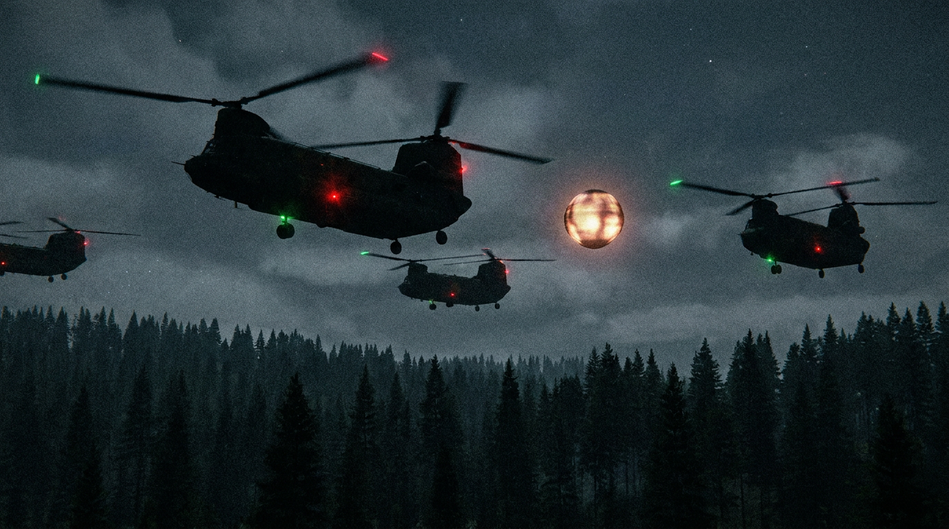 A fleet of tandem-rotor twin-blade military helicopters escorting a glowing object across a dark night sky over pine forest