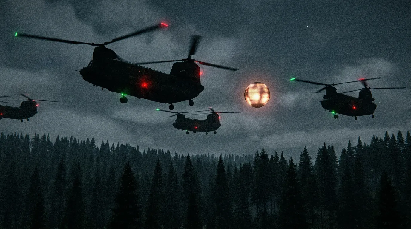 A fleet of tandem-rotor twin-blade military helicopters escorting a glowing object across a dark night sky over pine forest