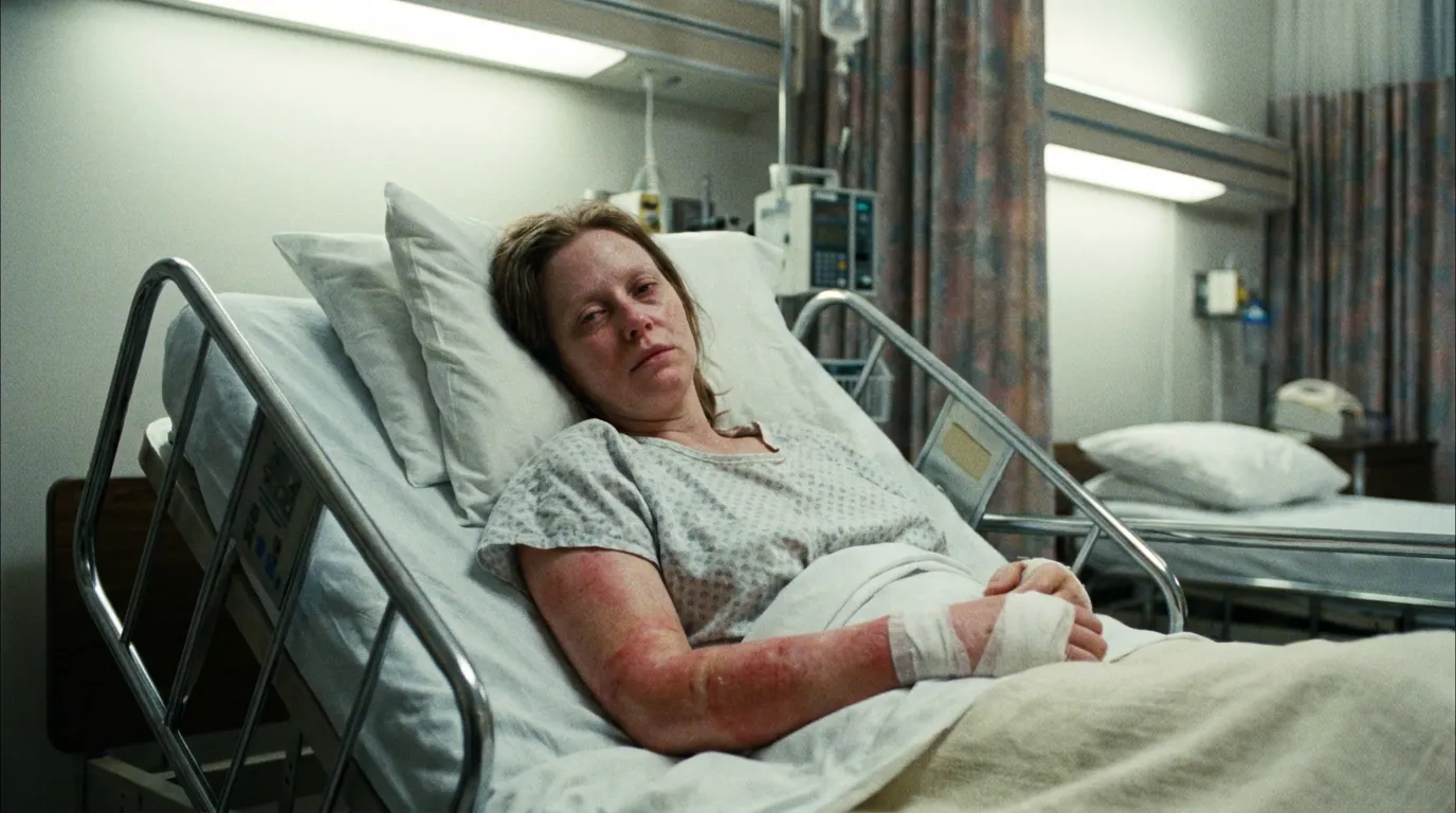 A woman with reddened blistered skin lying ill in a 1980s hospital bed, weak and unwell