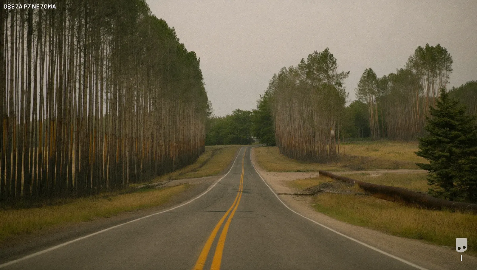 A deserted two-lane rural Texas road at dusk running between dense walls of pine forest