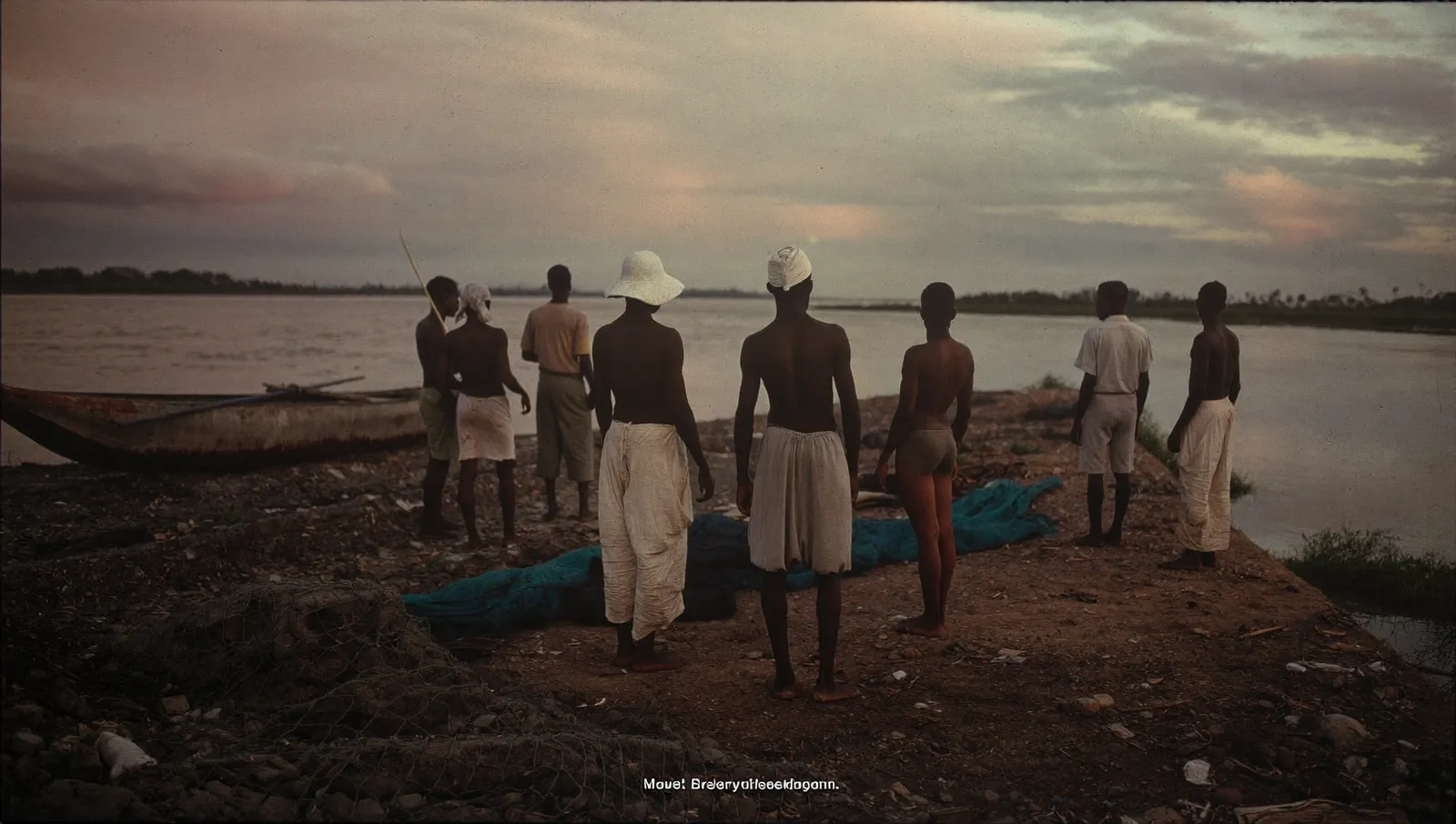Villagers standing in silhouette on a wooden jetty at dusk looking out over a wide river estuary