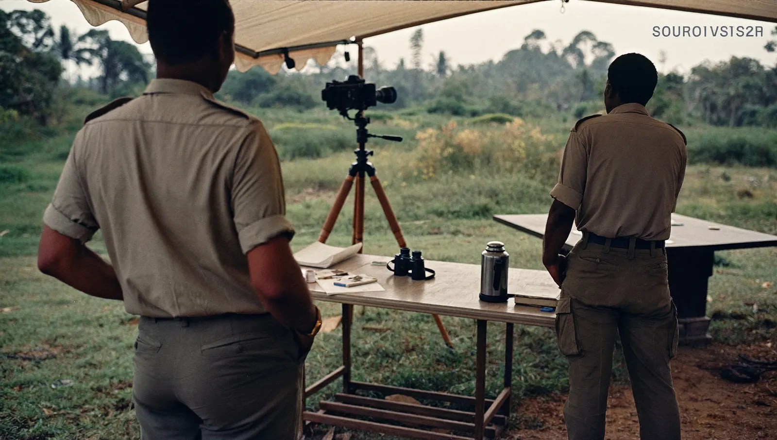 A 1970s tropical field observation post with a folding table, film camera on a tripod and officers in short-sleeved uniform seen from behind
