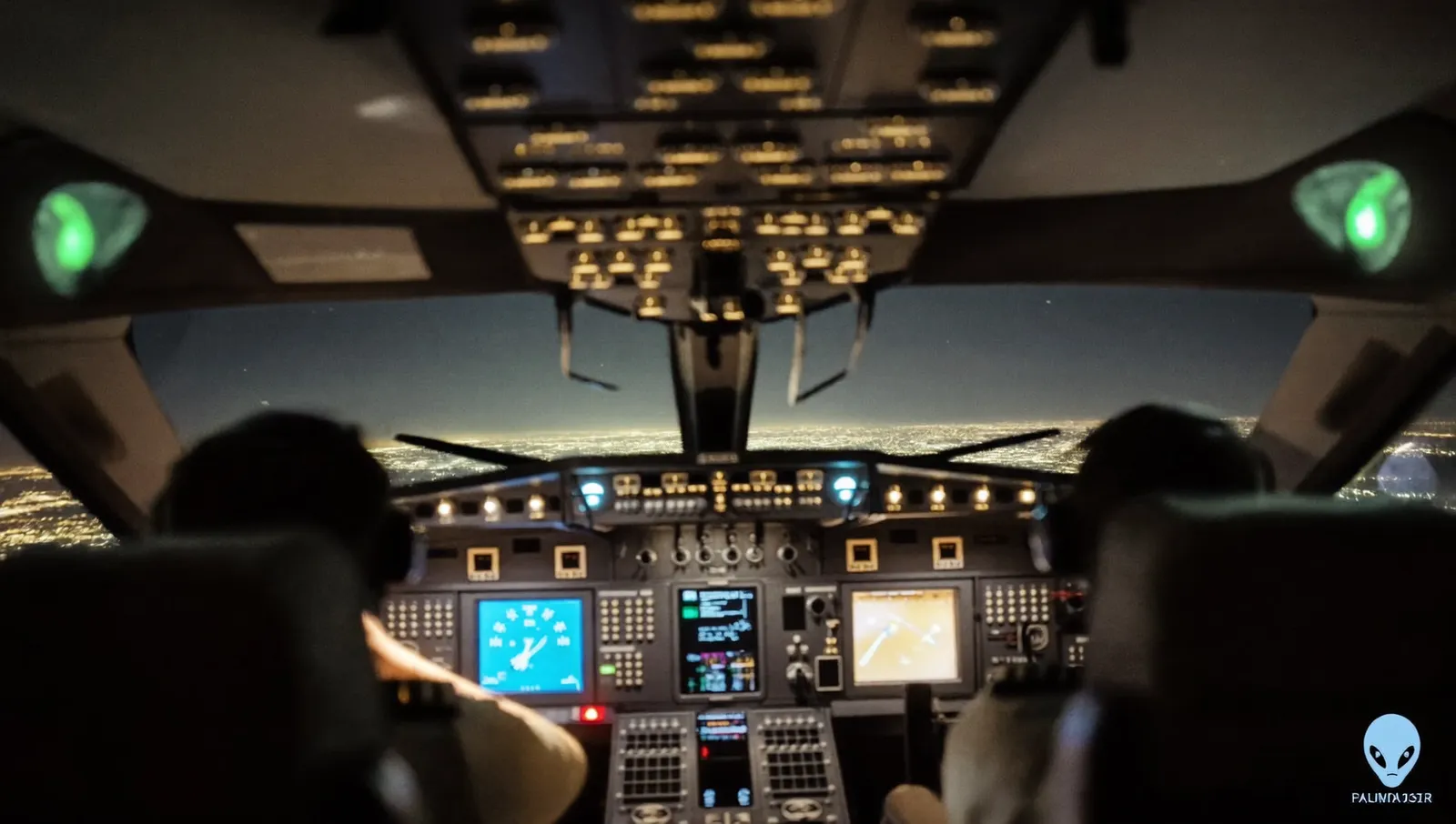 Two airline pilots silhouetted from behind on a darkened flight deck at cruise altitude at night
