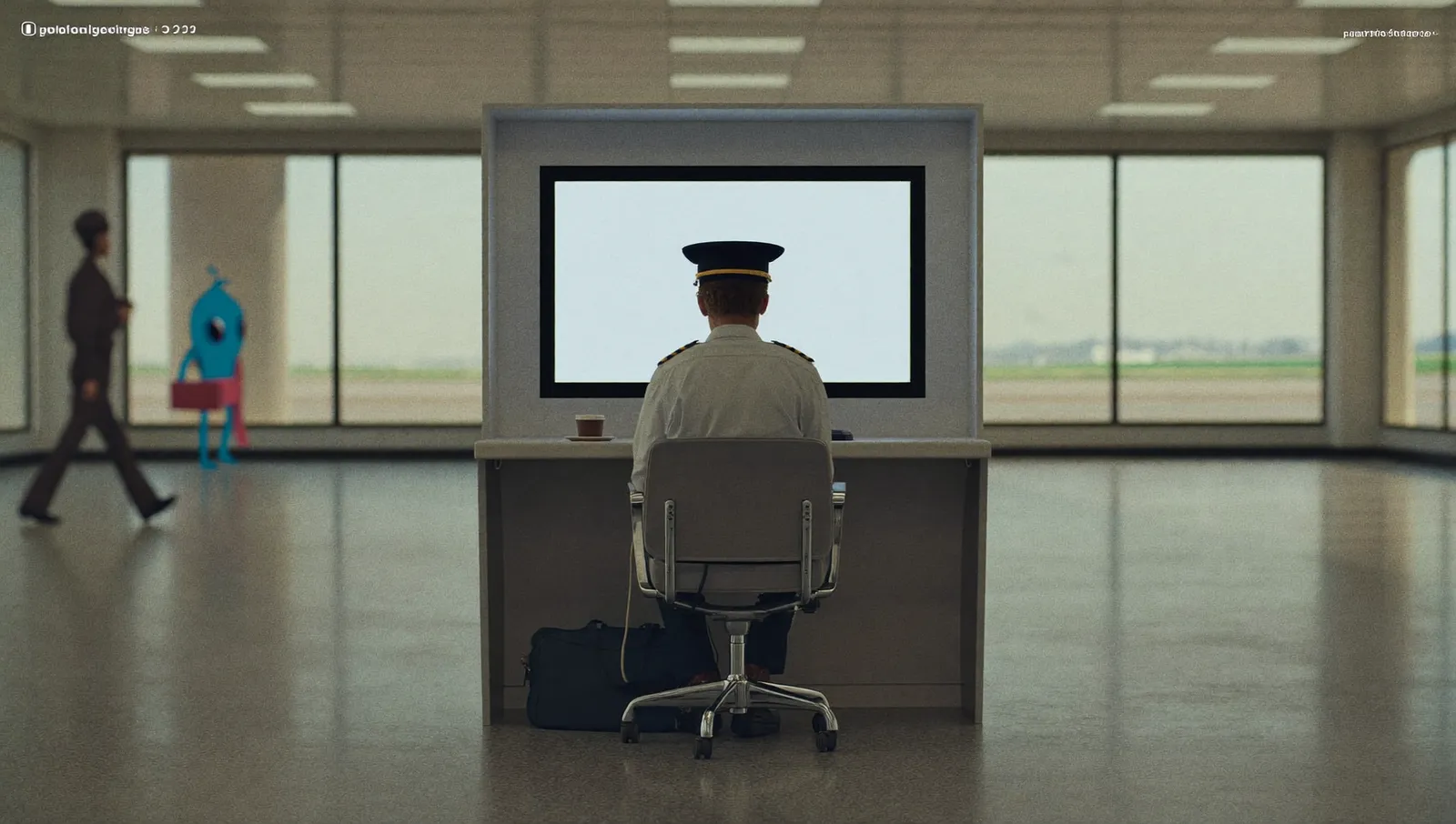 An airline pilot in uniform seen from behind at a computer terminal in an empty airport crew operations room
