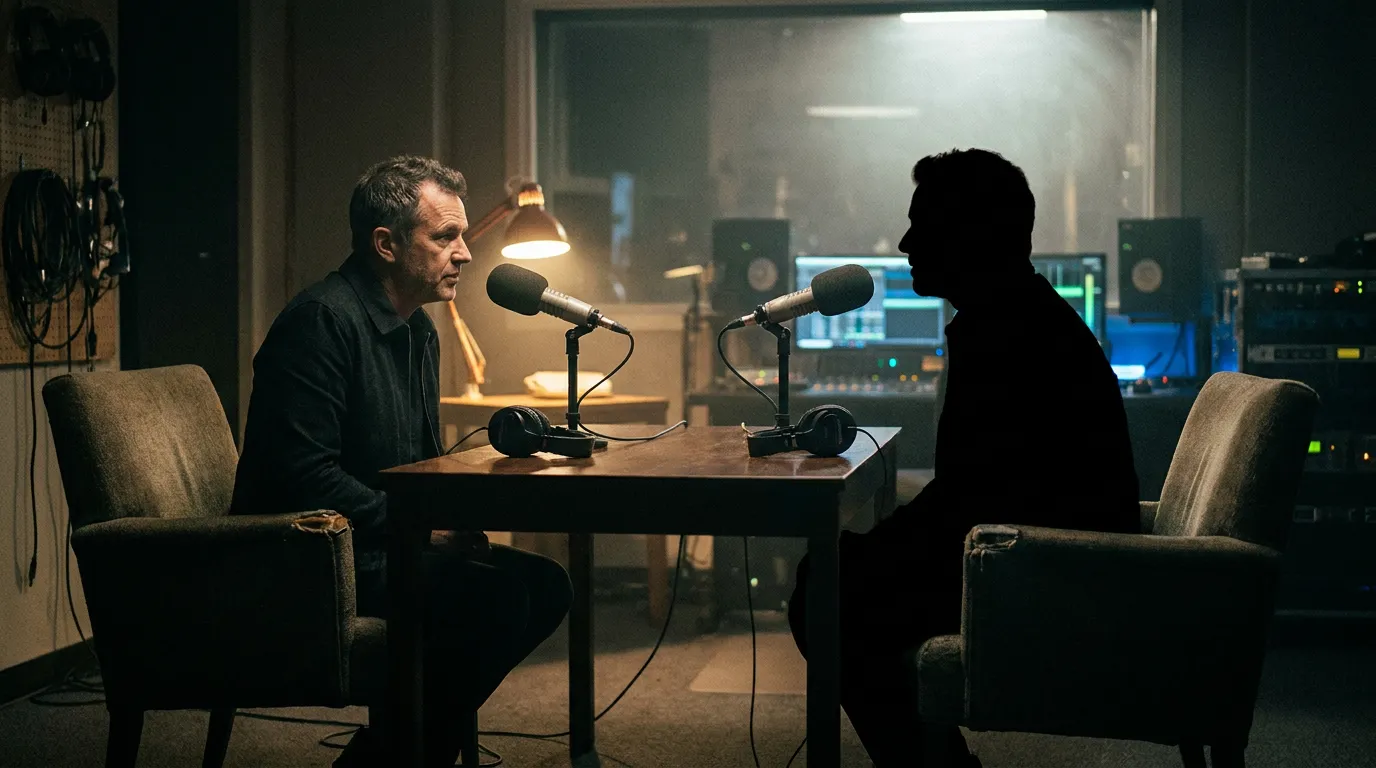 A dark podcast studio with two chairs and broadcast microphones, the interviewer lit and the guest rendered as an unreadable silhouette