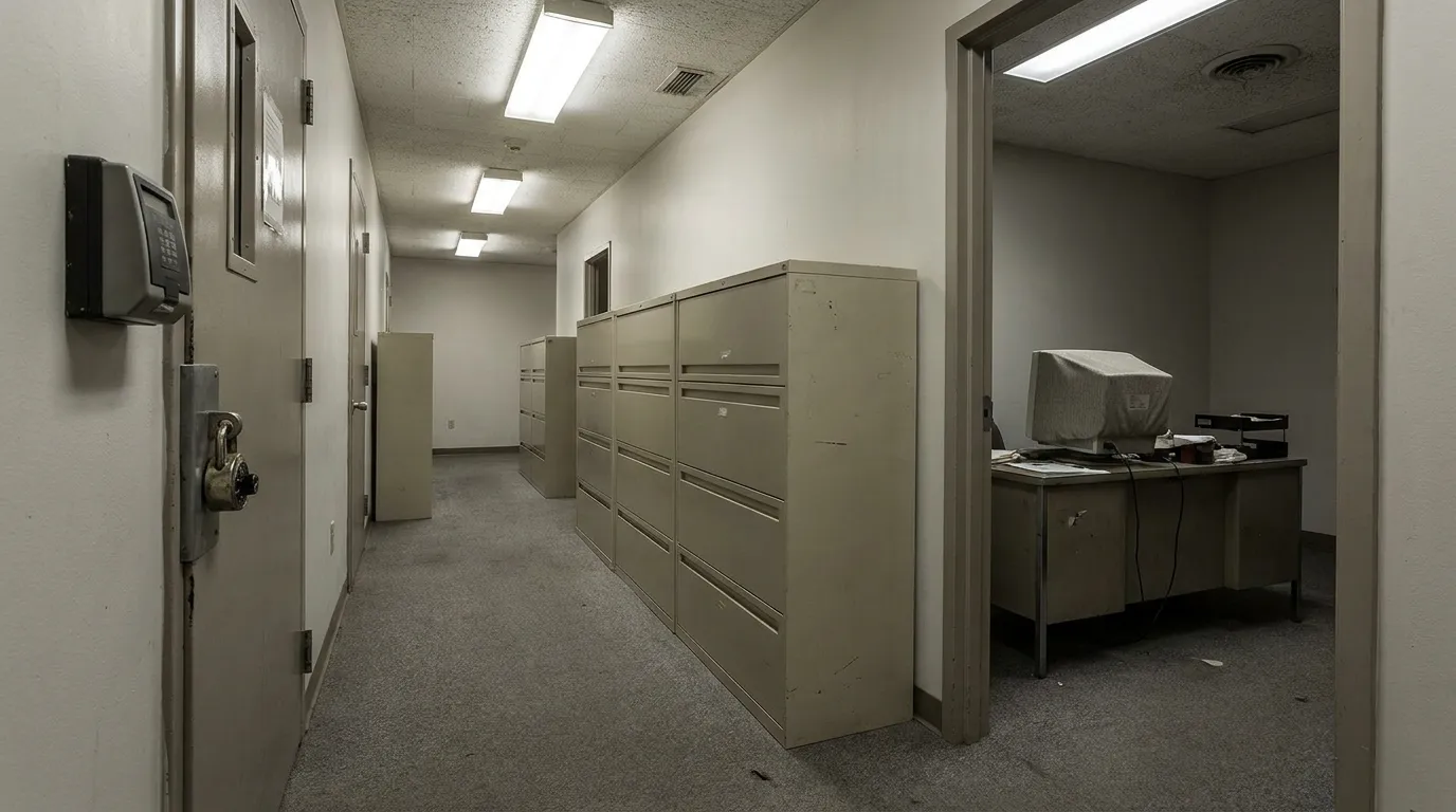An empty windowless government corridor with a heavy secure door, badge reader, filing cabinets and fluorescent lighting