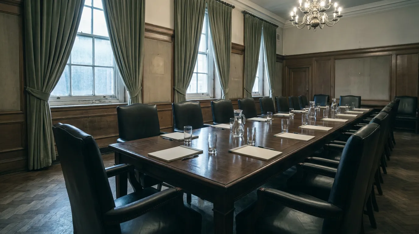 An empty formal meeting room with a long polished table, high-backed chairs and blank notepads set at each place